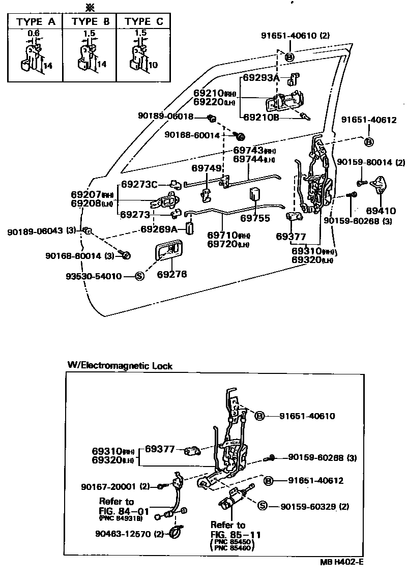 Toyota COROLLA 前门锁和车门把手 EPC diagram — MBH402E