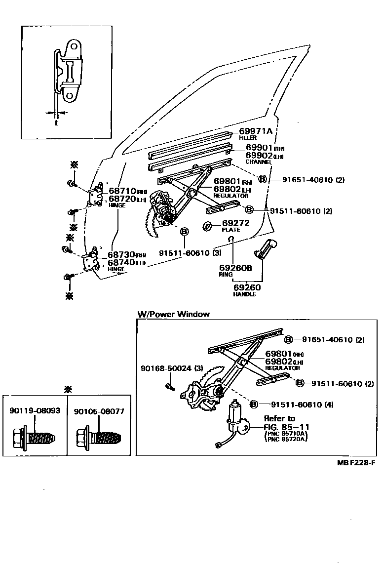 Toyota COROLLA 前门车窗升降器和合页 EPC diagram — MBF228F