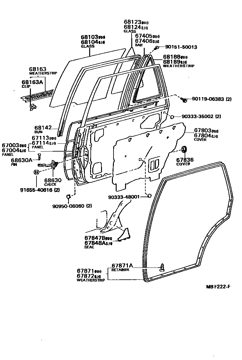 Toyota COROLLA 后门板和后门玻璃 EPC diagram — MBF222F