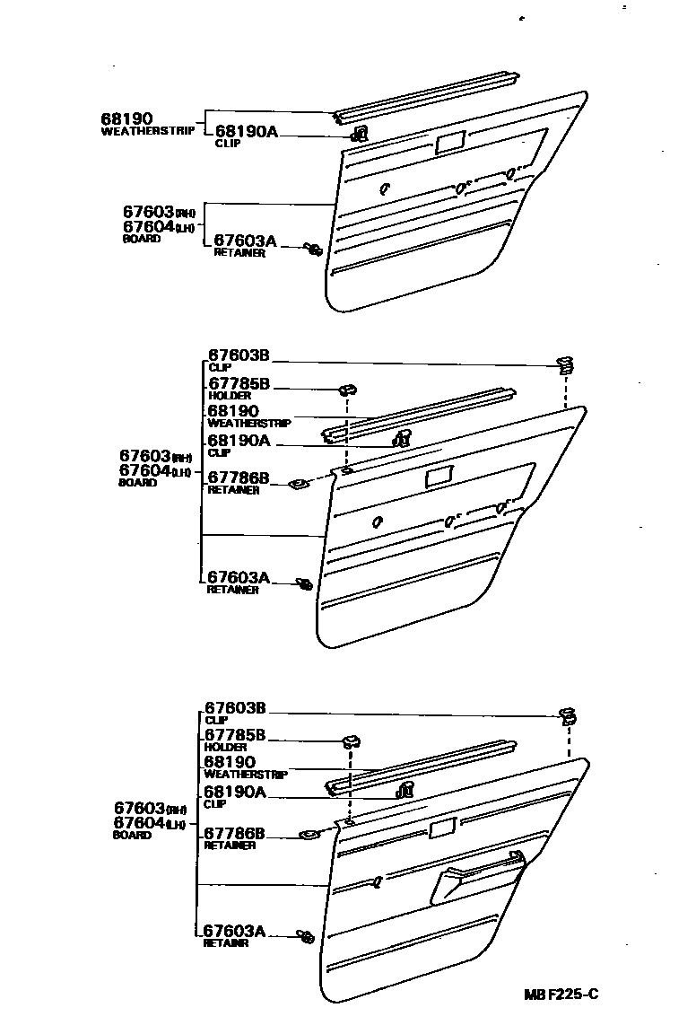 Toyota COROLLA 后门板和后门玻璃 EPC diagram — MBF225C
