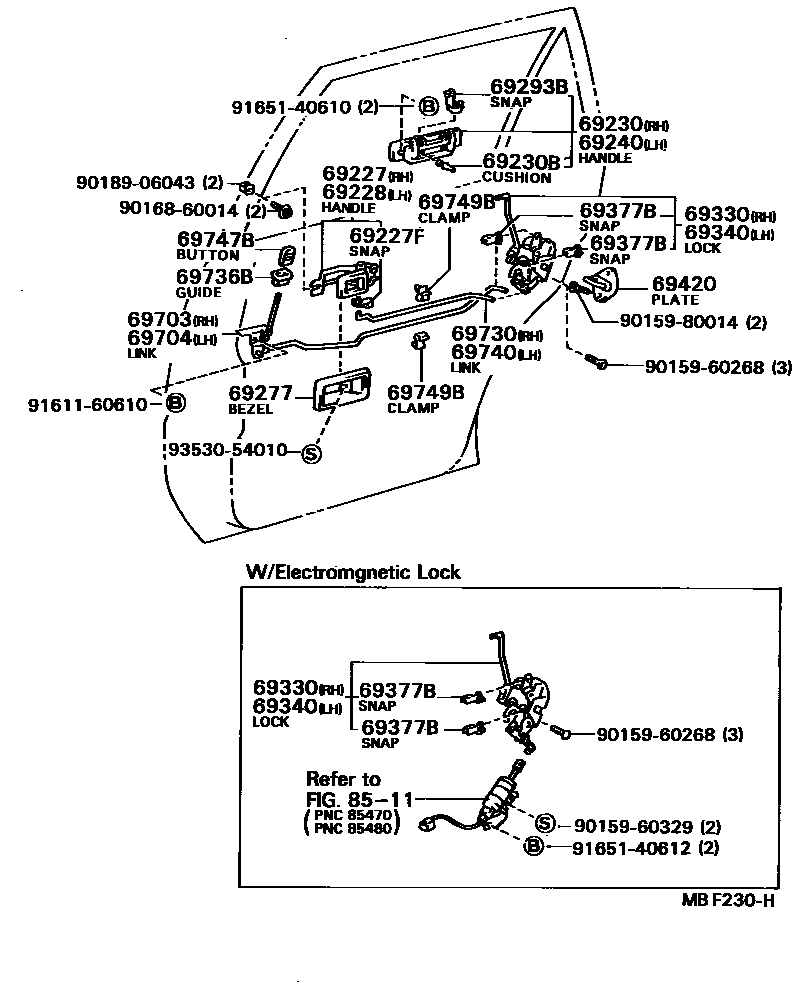 Toyota COROLLA 后门锁和后门把手 EPC diagram — MBF230H