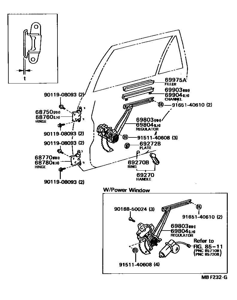 Toyota COROLLA 后门车窗升降器和合页 EPC diagram — MBF232G