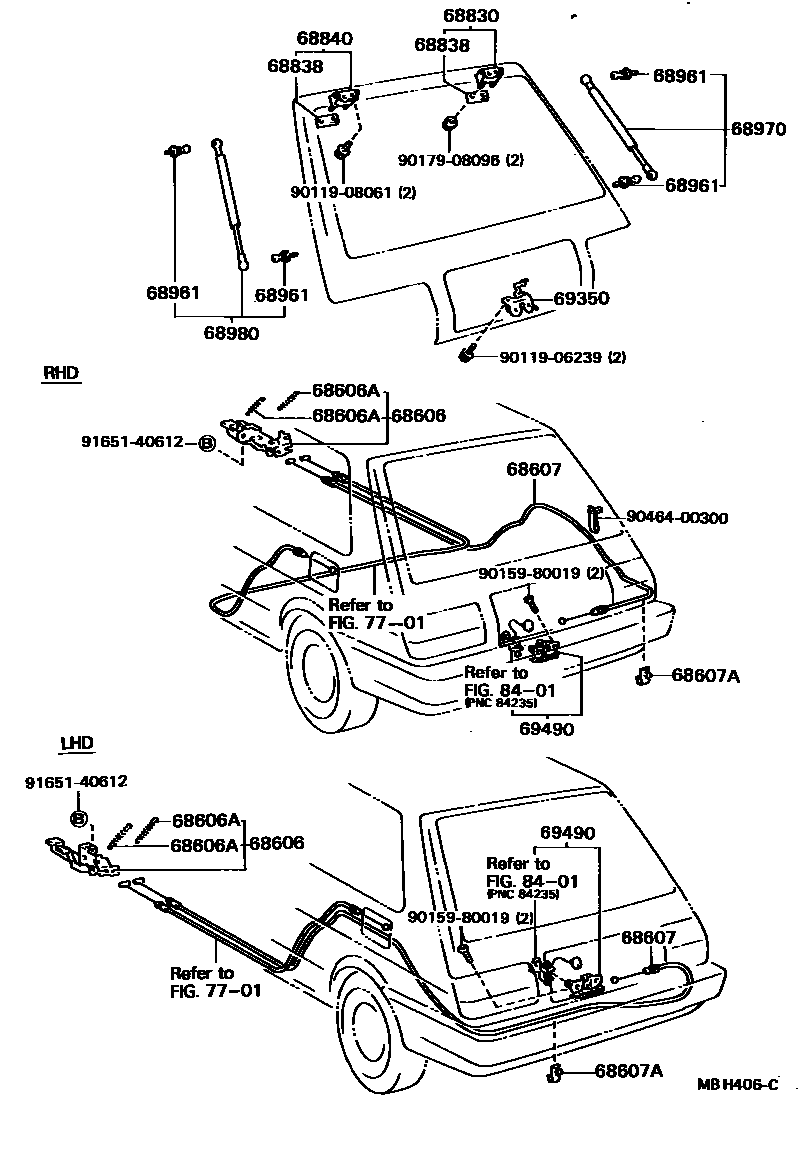 Toyota COROLLA 背门锁和背门把手 EPC diagram — MBH406C