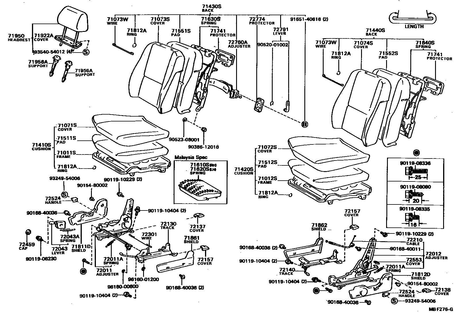 Toyota COROLLA 前排座椅和座椅滑轨 EPC diagram — MBF276G