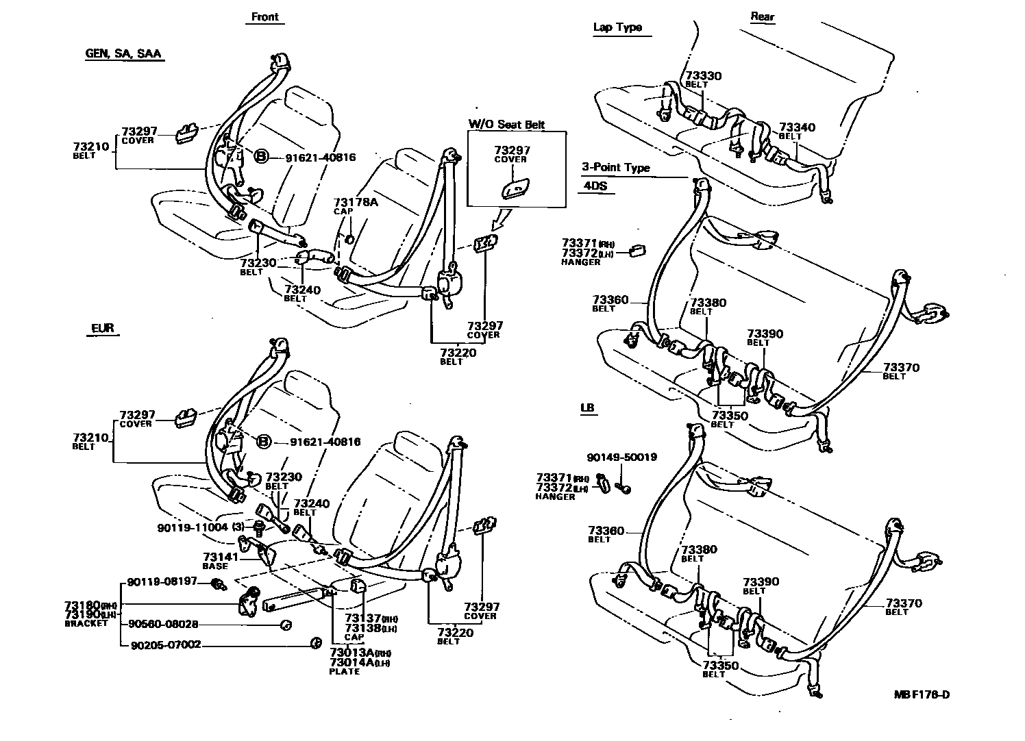 Toyota COROLLA 安全带和儿童保护座椅 EPC diagram — MBF176D