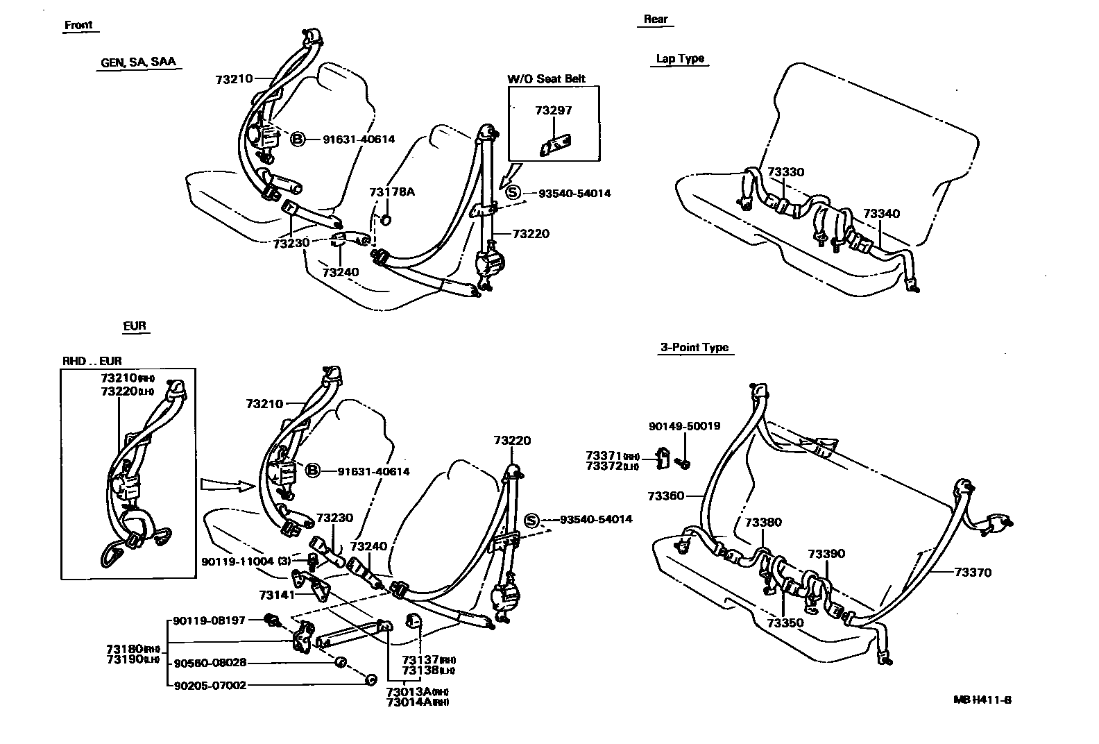 Toyota COROLLA 安全带和儿童保护座椅 EPC diagram — MBH411B