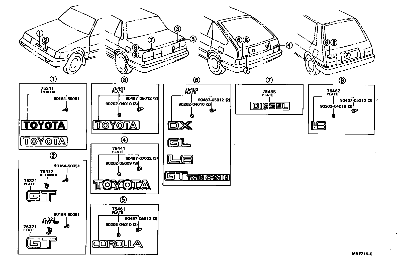 Toyota COROLLA 丰田徽标和铭牌(车外和车内) EPC diagram — MBF215C