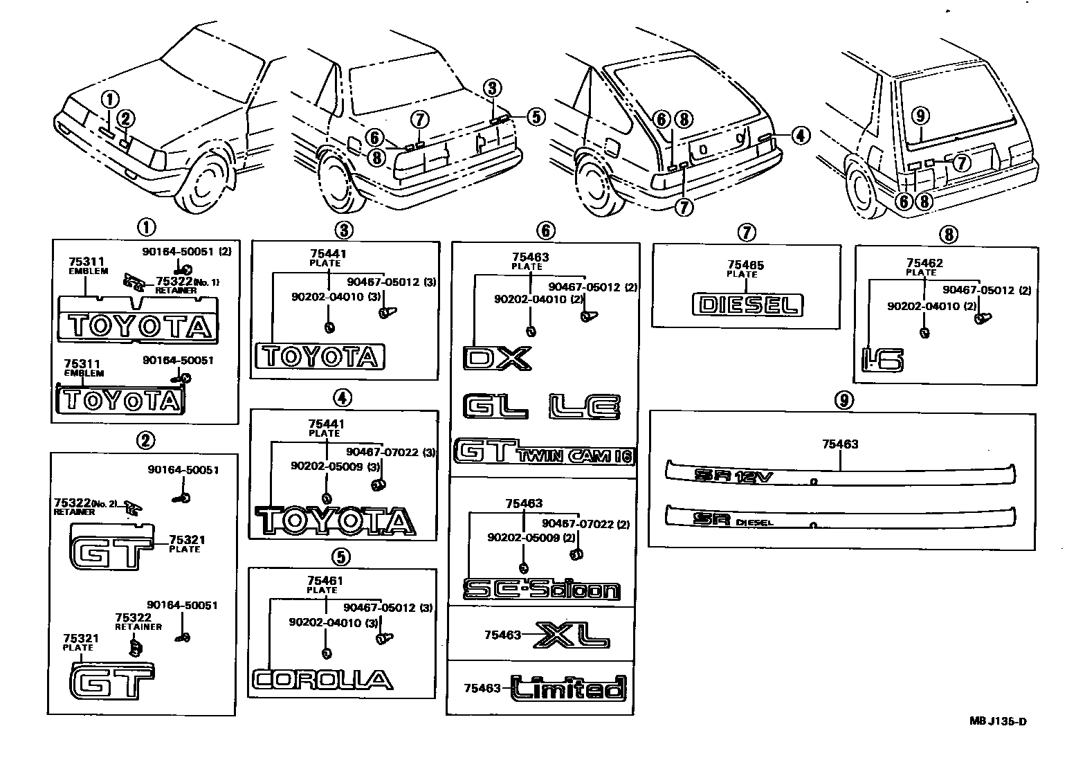 Toyota COROLLA 丰田徽标和铭牌(车外和车内) EPC diagram — MBJ135D