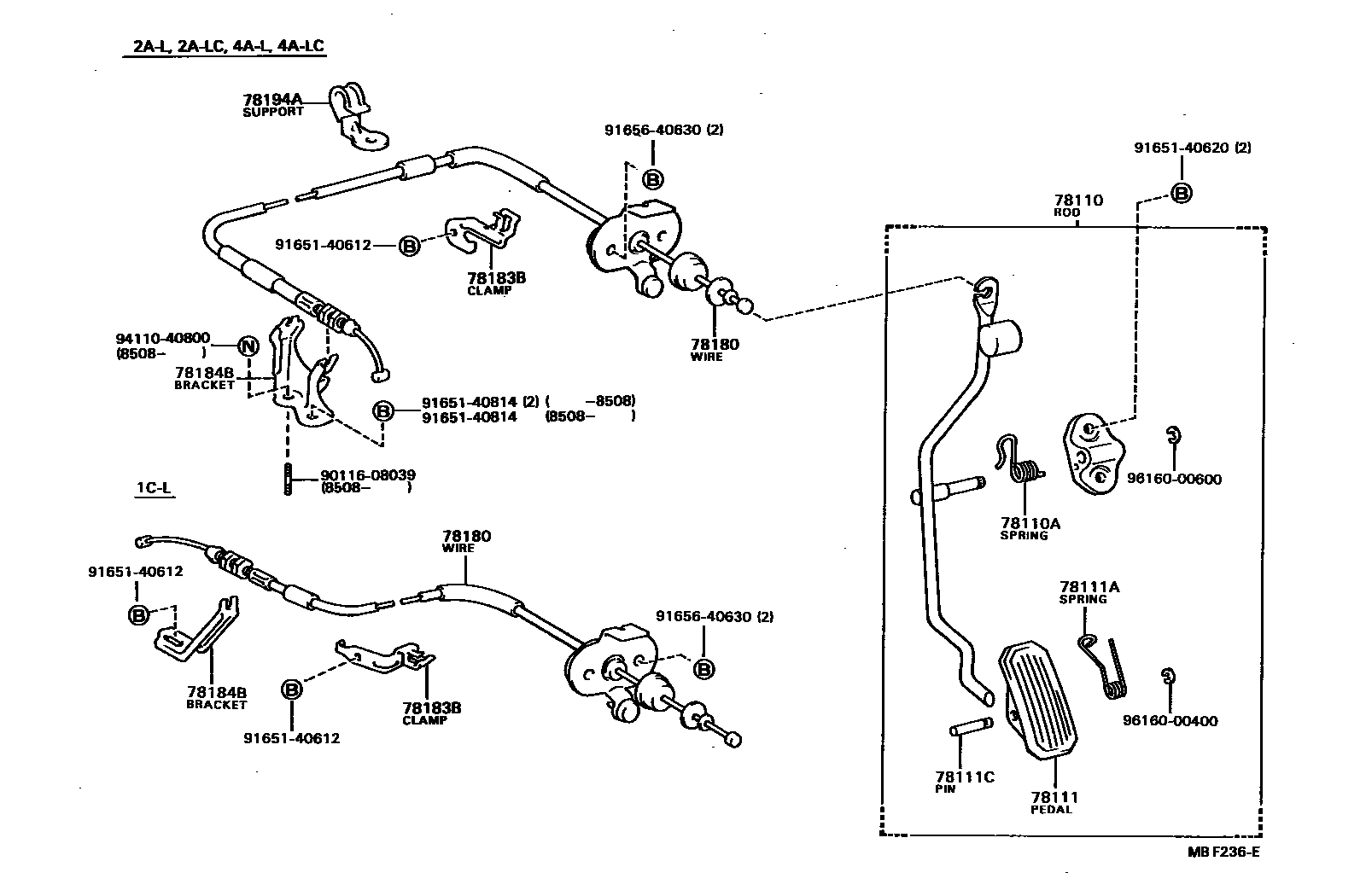 Toyota COROLLA accelerator pedal connecting rod EPC diagram — MBF236E