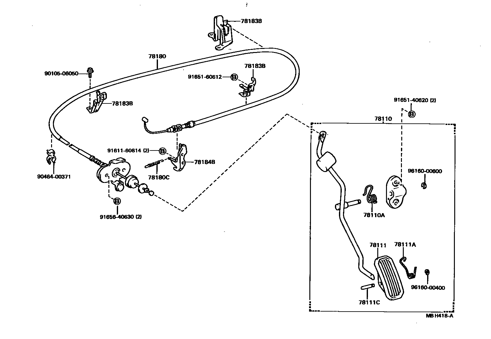 Toyota COROLLA accelerator pedal connecting rod EPC diagram — MBH418A