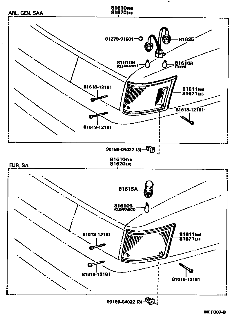 Toyota COROLLA 前示宽灯 EPC diagram — MEF807B
