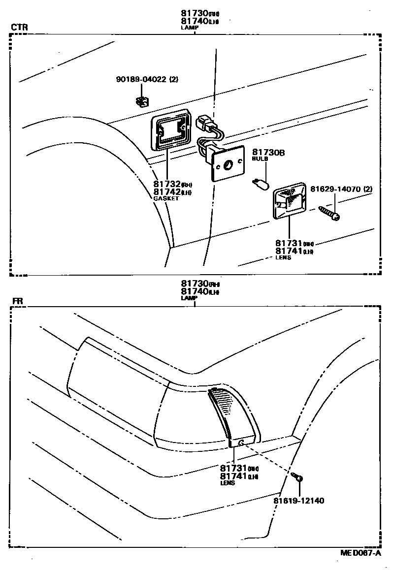 Toyota COROLLA Side Turn Signal & Outer Mirror Lamp EPC diagram — MED067A