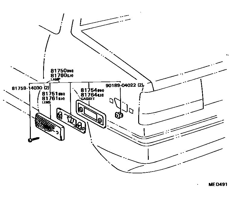Toyota COROLLA 后侧标示灯 EPC diagram — MED491