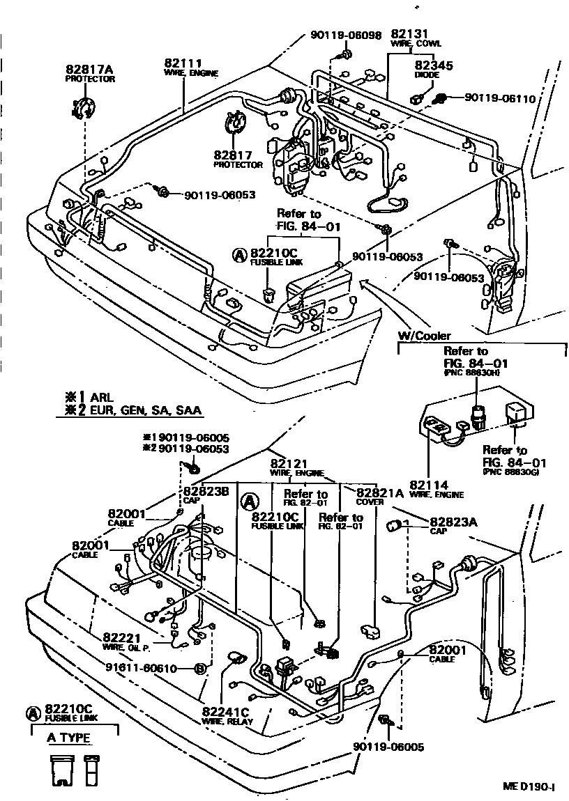 Toyota COROLLA 线束和卡夹 EPC diagram — MED190I