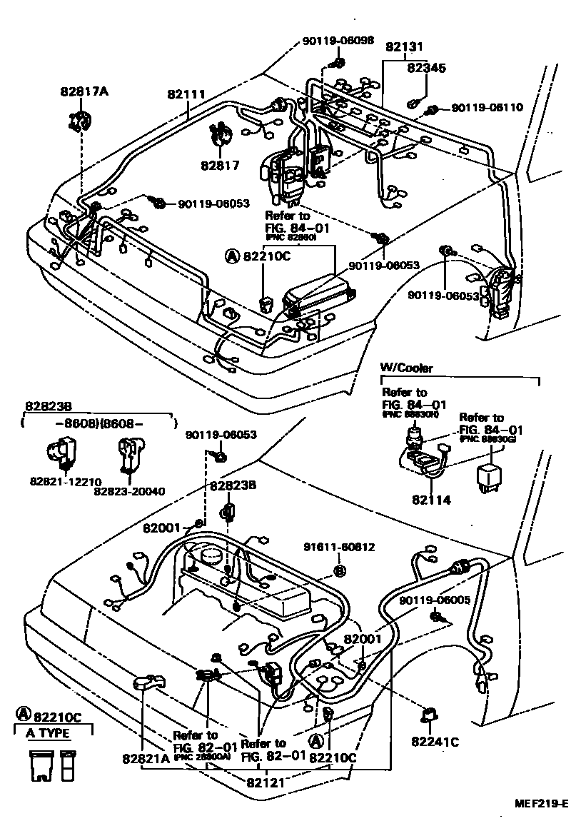 Toyota COROLLA 线束和卡夹 EPC diagram — MEF219E