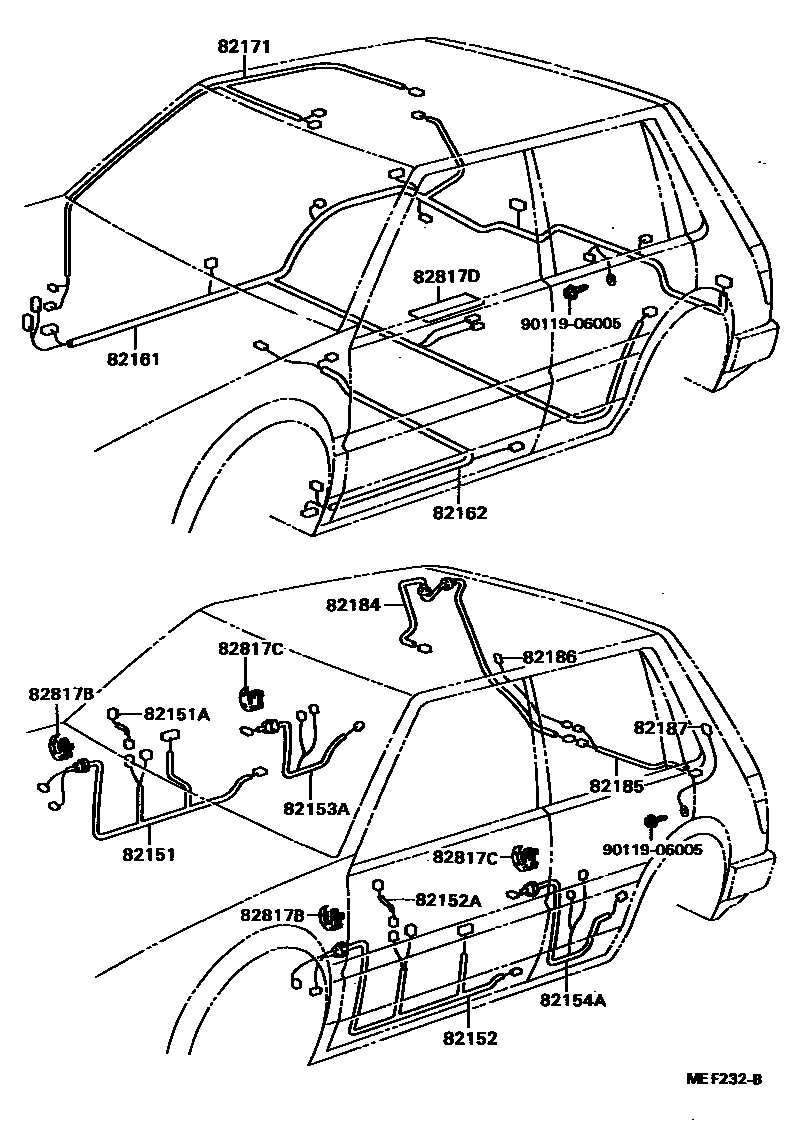 Toyota COROLLA 线束和卡夹 EPC diagram — MEF232B