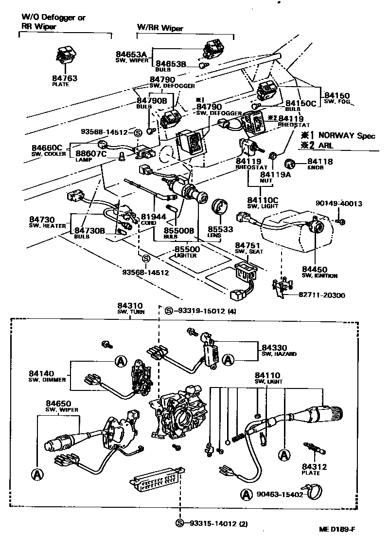Toyota COROLLA 开关和继电器和ECU EPC diagram — MED189F