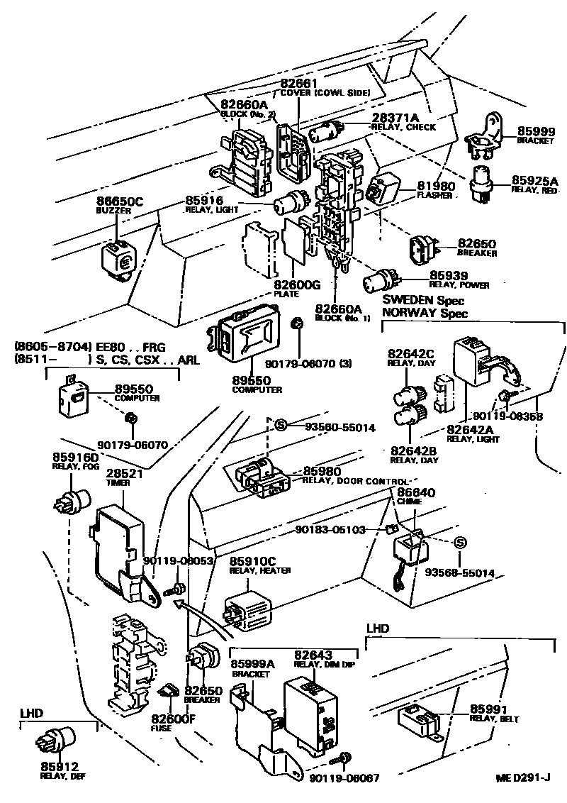 Toyota COROLLA 开关和继电器和ECU EPC diagram — MED291J