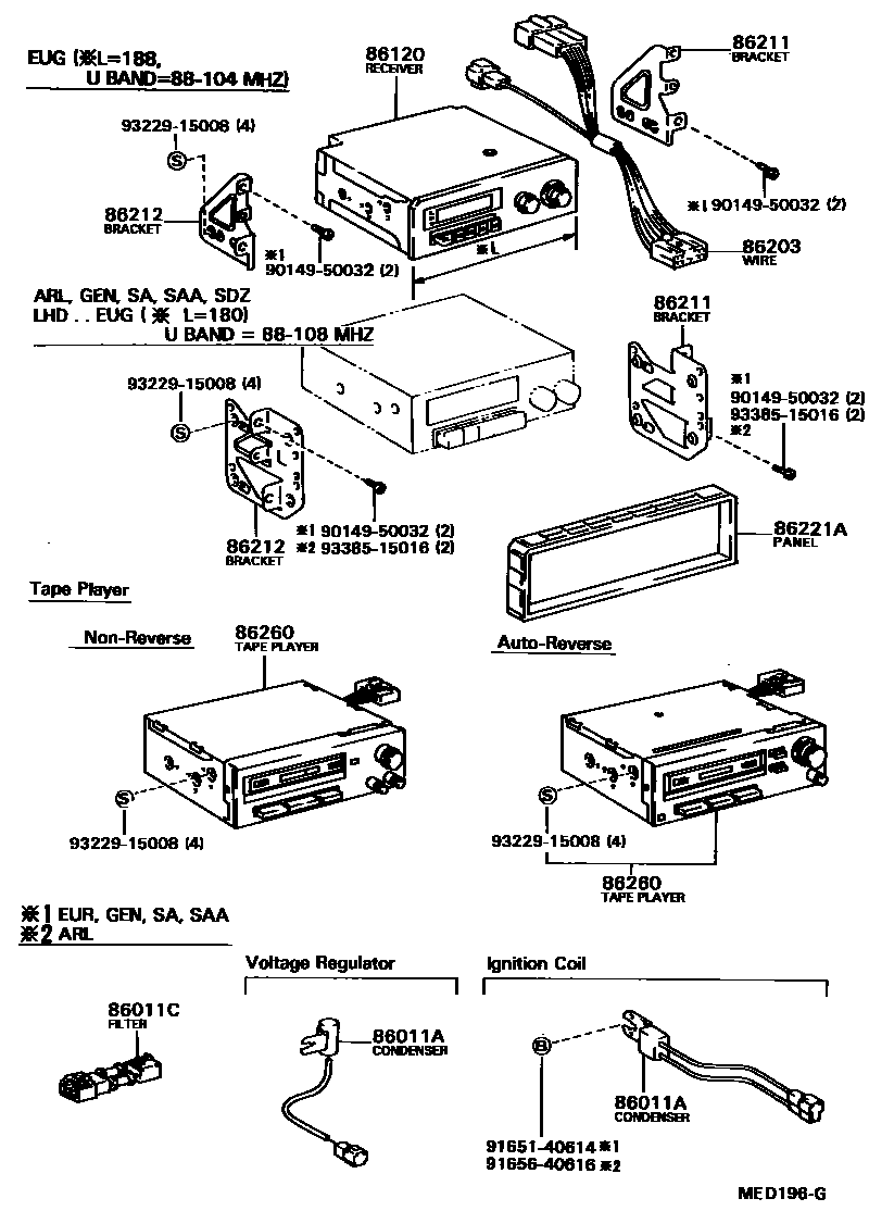 Toyota COROLLA 收音机、放大器和冷凝器 EPC diagram — MED196G