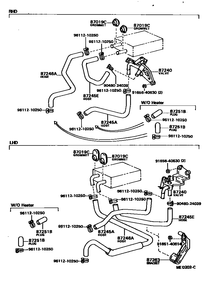 Toyota COROLLA 暖风和空调系统 - 水管 EPC diagram — MED202C