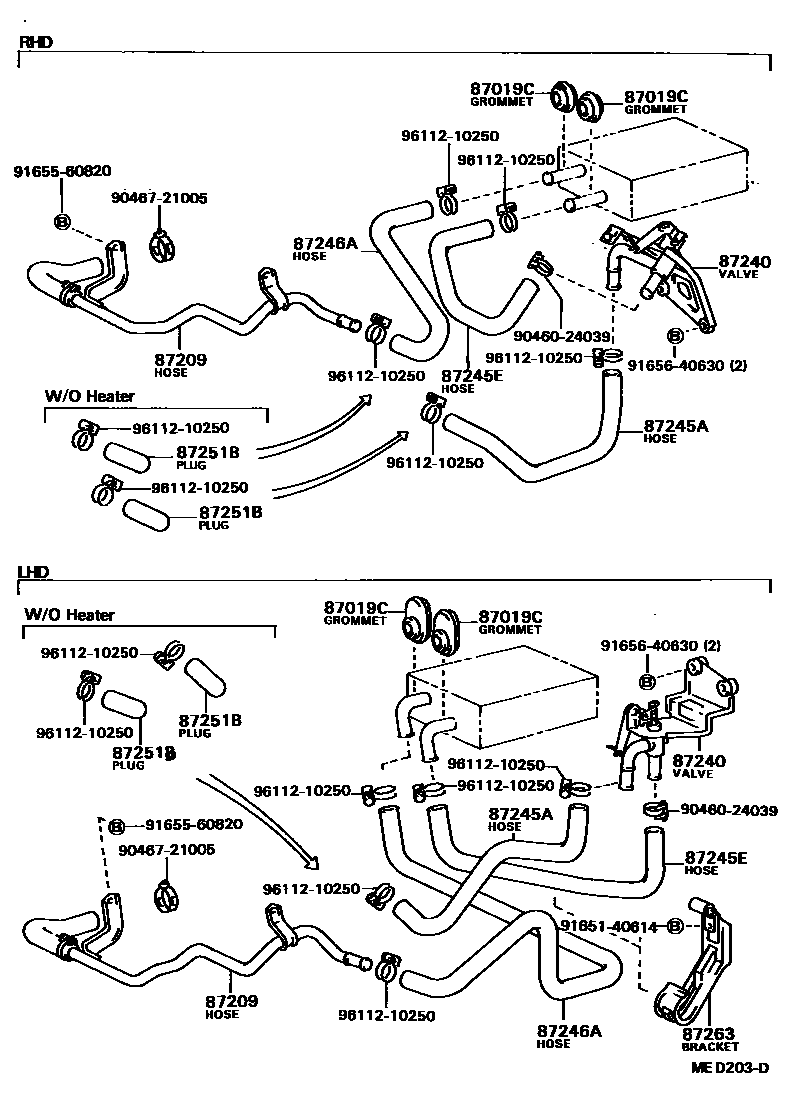 Toyota COROLLA 暖风和空调系统 - 水管 EPC diagram — MED203D