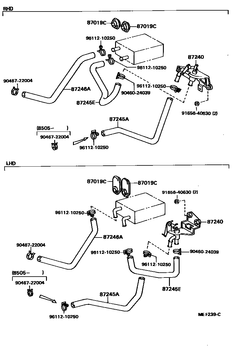 Toyota COROLLA 暖风和空调系统 - 水管 EPC diagram — MEF239C