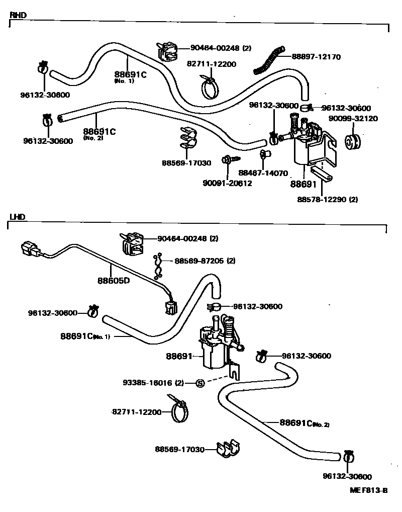 Toyota COROLLA 暖风和空调系统 - 真空管 EPC diagram — MEF813B