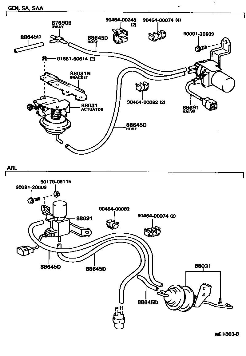 Toyota COROLLA 暖风和空调系统 - 真空管 EPC diagram — MEH303B