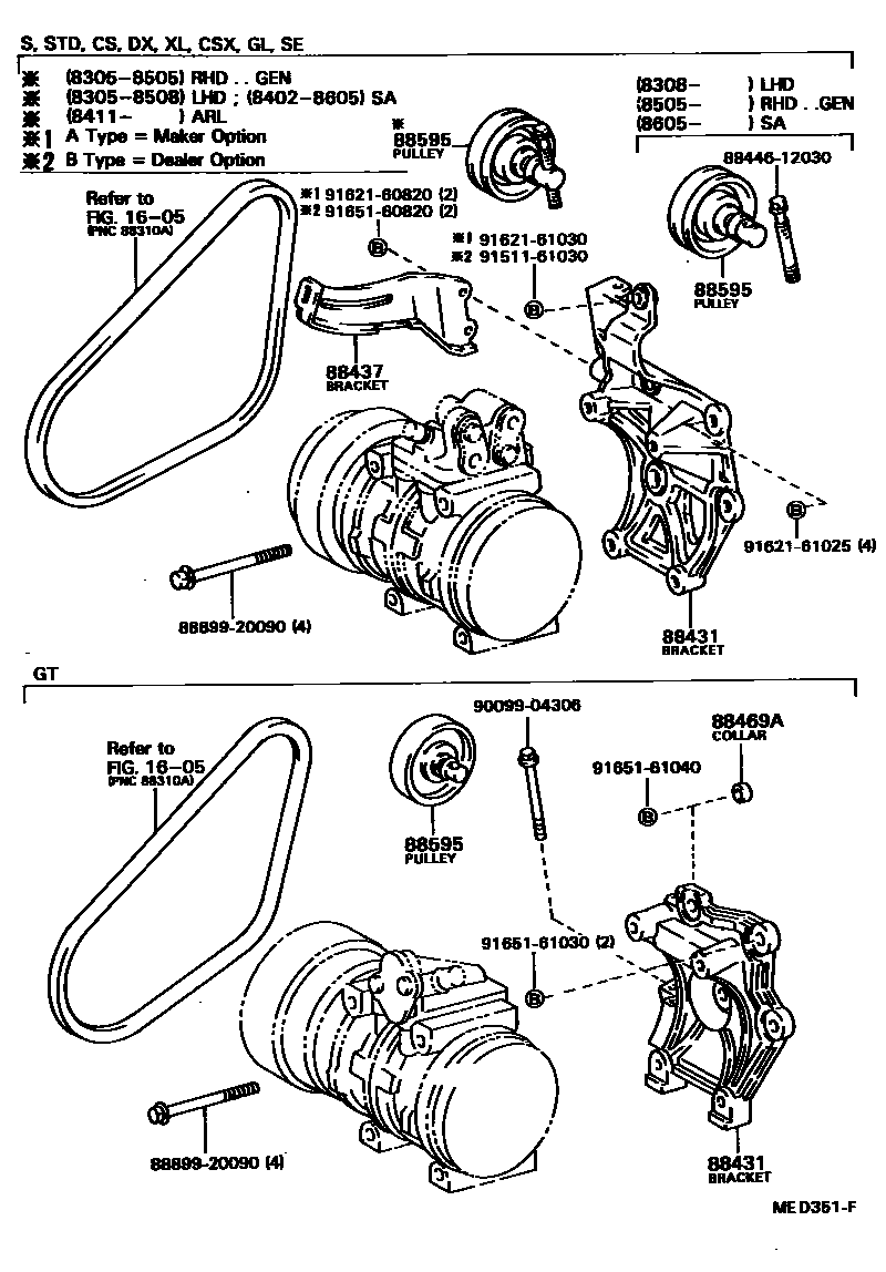 Toyota COROLLA Heating & Air Conditioning - Compressor EPC diagram — MED351F