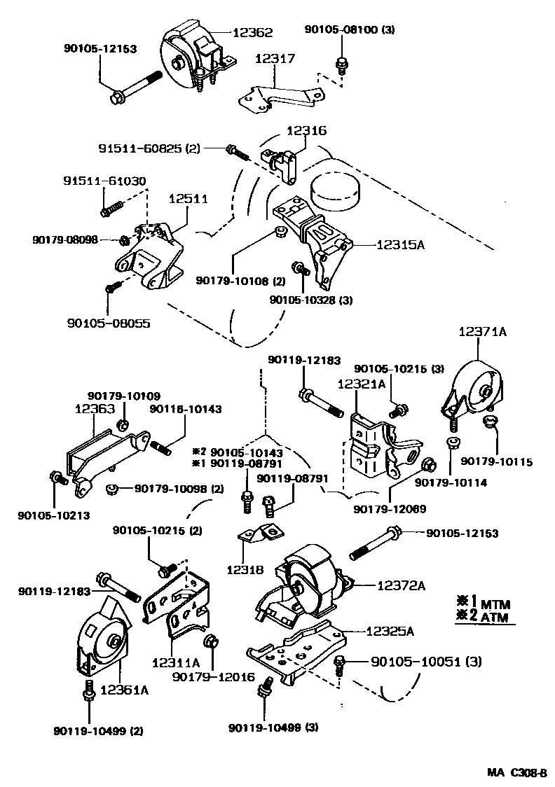 Toyota COROLLA Engine Mounting EPC diagram — MAC308B