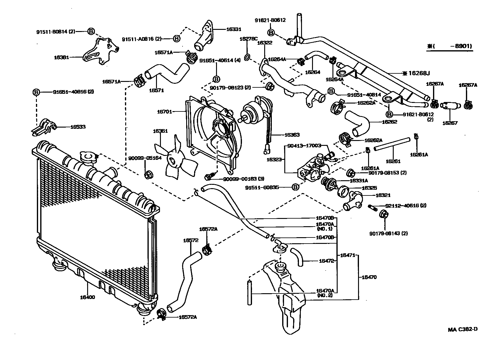 Toyota COROLLA RADIATOR & WATER OUTLET EPC diagram — MAC382D