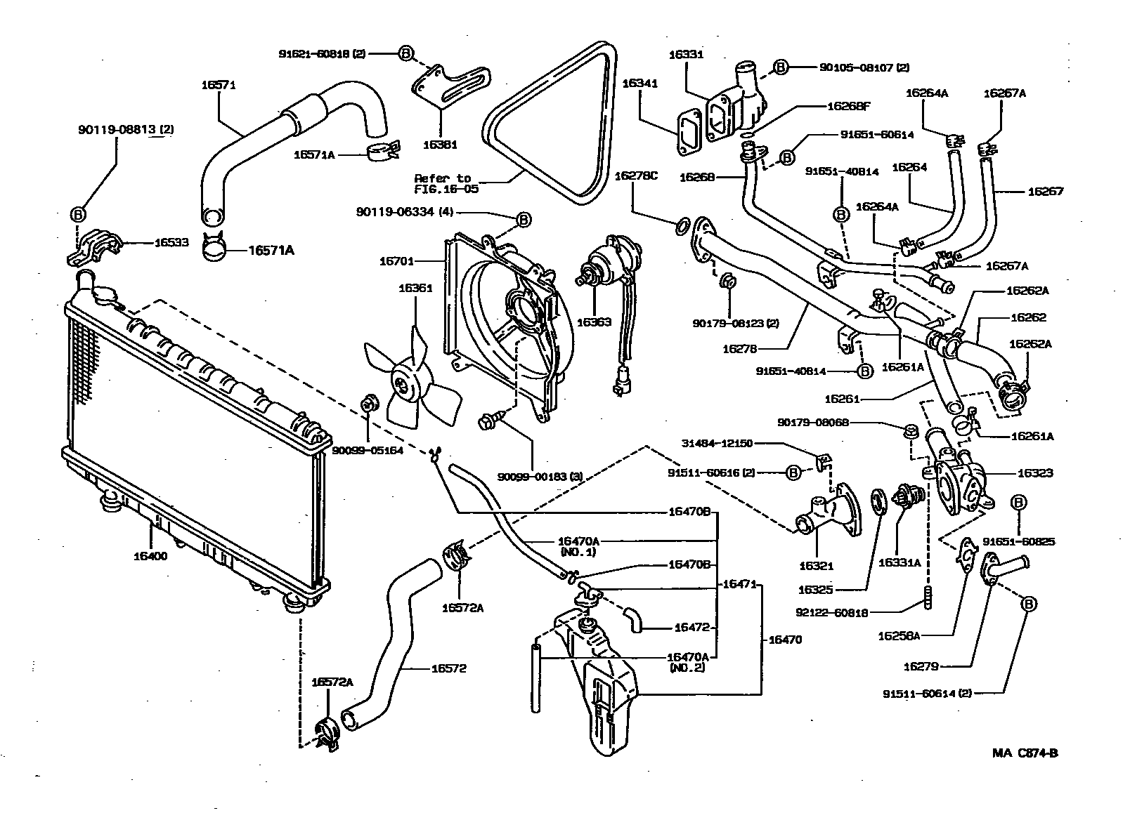 Toyota COROLLA RADIATOR & WATER OUTLET EPC diagram — MAC874B