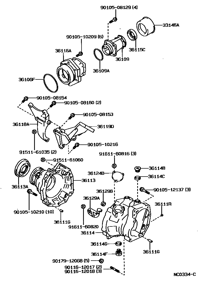 Toyota COROLLA Transfer Case & Extension Housing EPC diagram — NC0334C