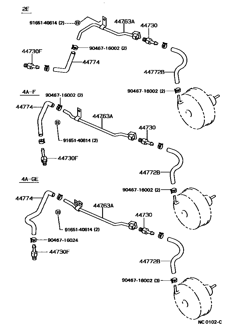 Toyota COROLLA 制动助力器和真空管 EPC diagram — NC0102C