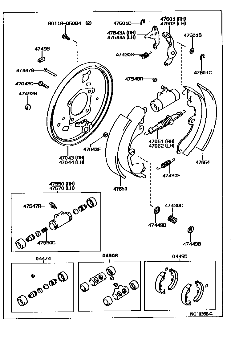Toyota COROLLA 后鼓式制动器分泵和底板 EPC diagram — NC0356C