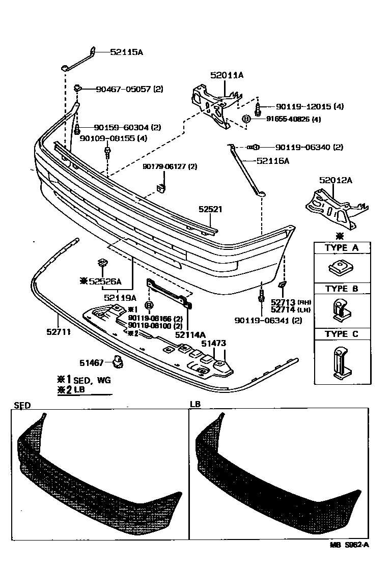 Toyota COROLLA 前保险杠及附件 EPC diagram — MBS962A