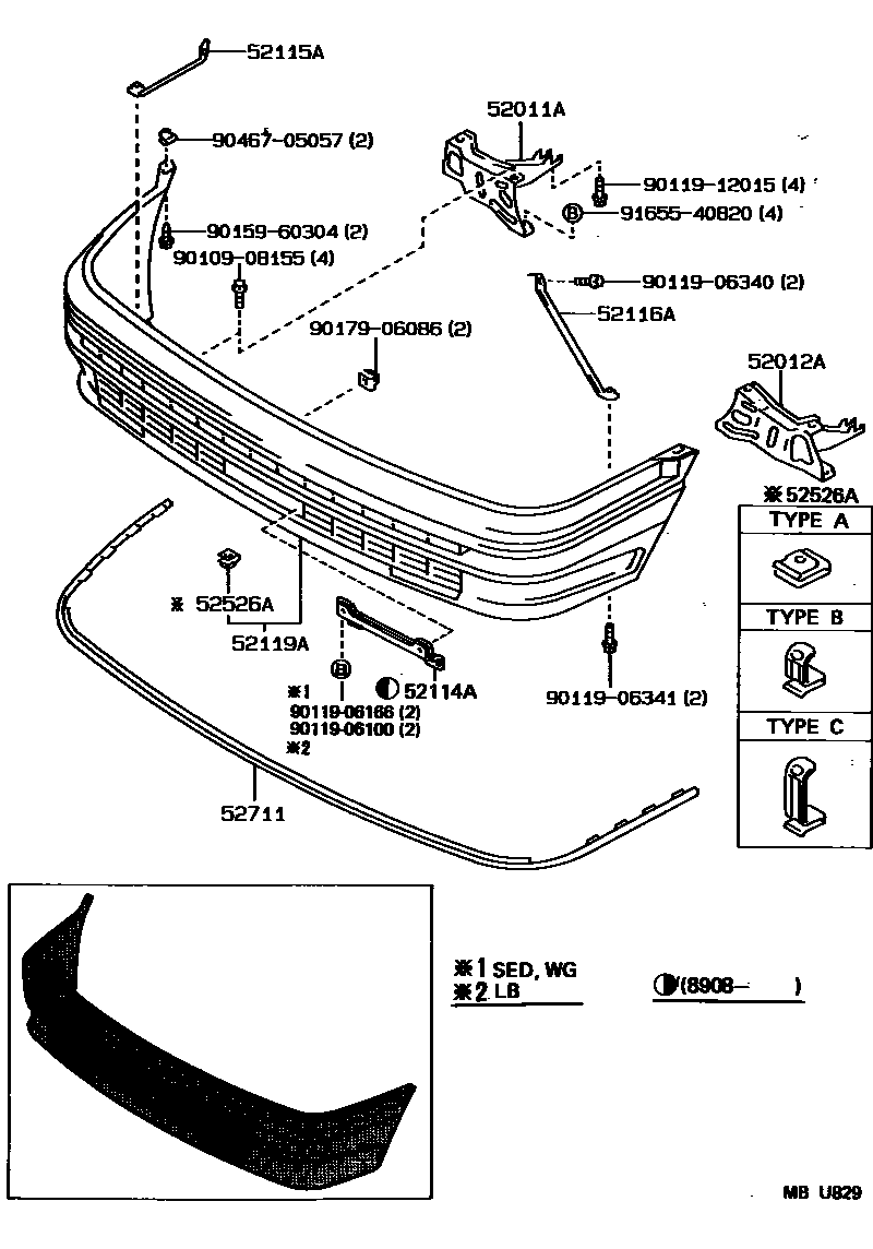 Toyota COROLLA 前保险杠及附件 EPC diagram — MBU829