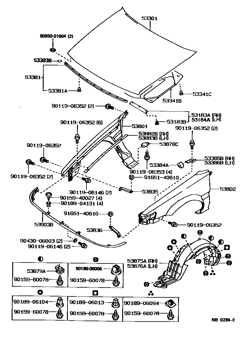 Toyota COROLLA 发动机盖和前翼子板 EPC diagram — NB0284E