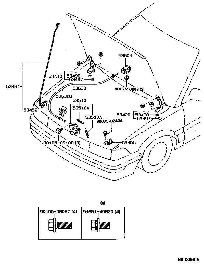 Toyota COROLLA 发动机盖锁和铰链 EPC diagram — NB0099E