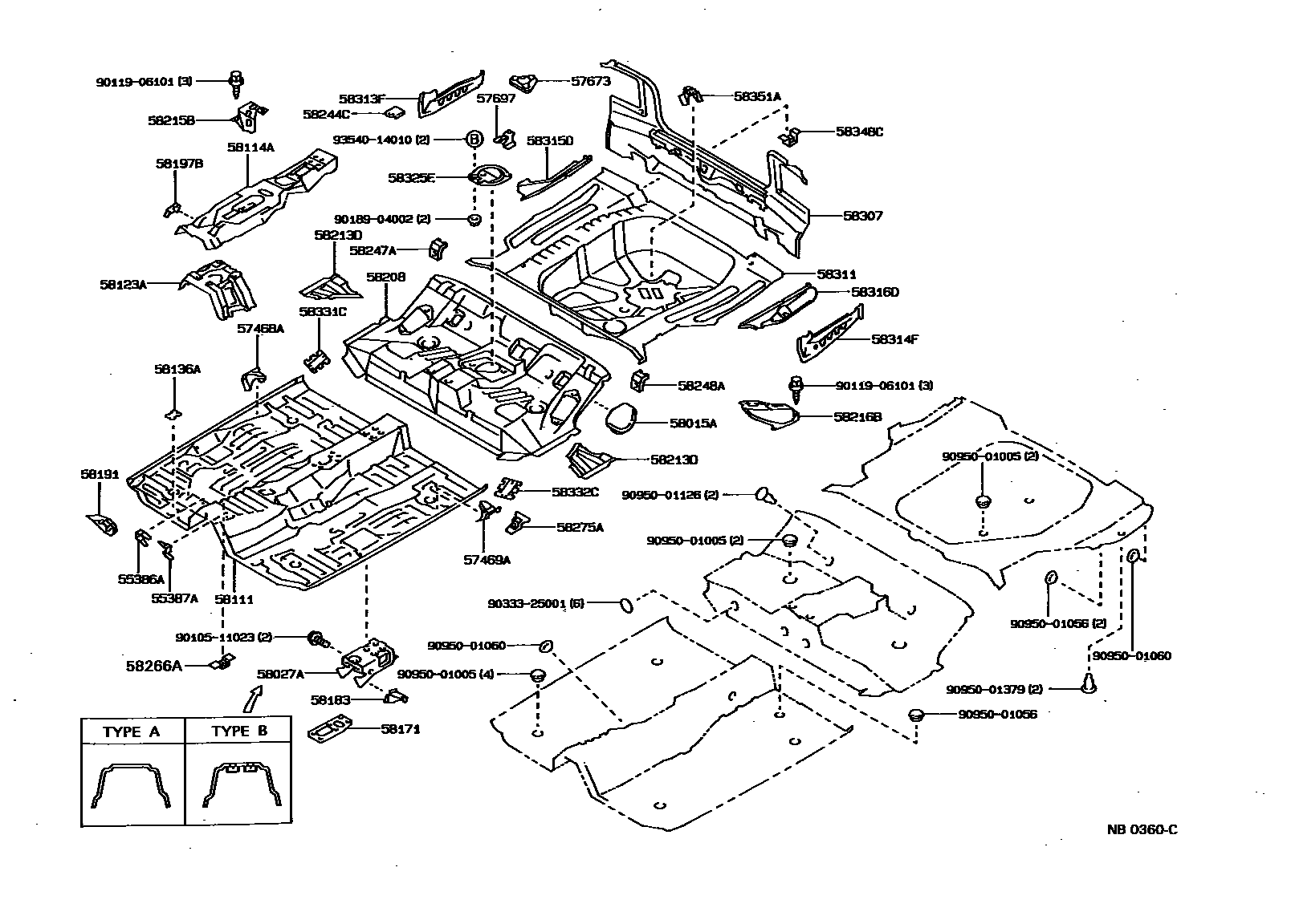 Toyota COROLLA 浅盘形地板和车身下背板 EPC diagram — NB0360C