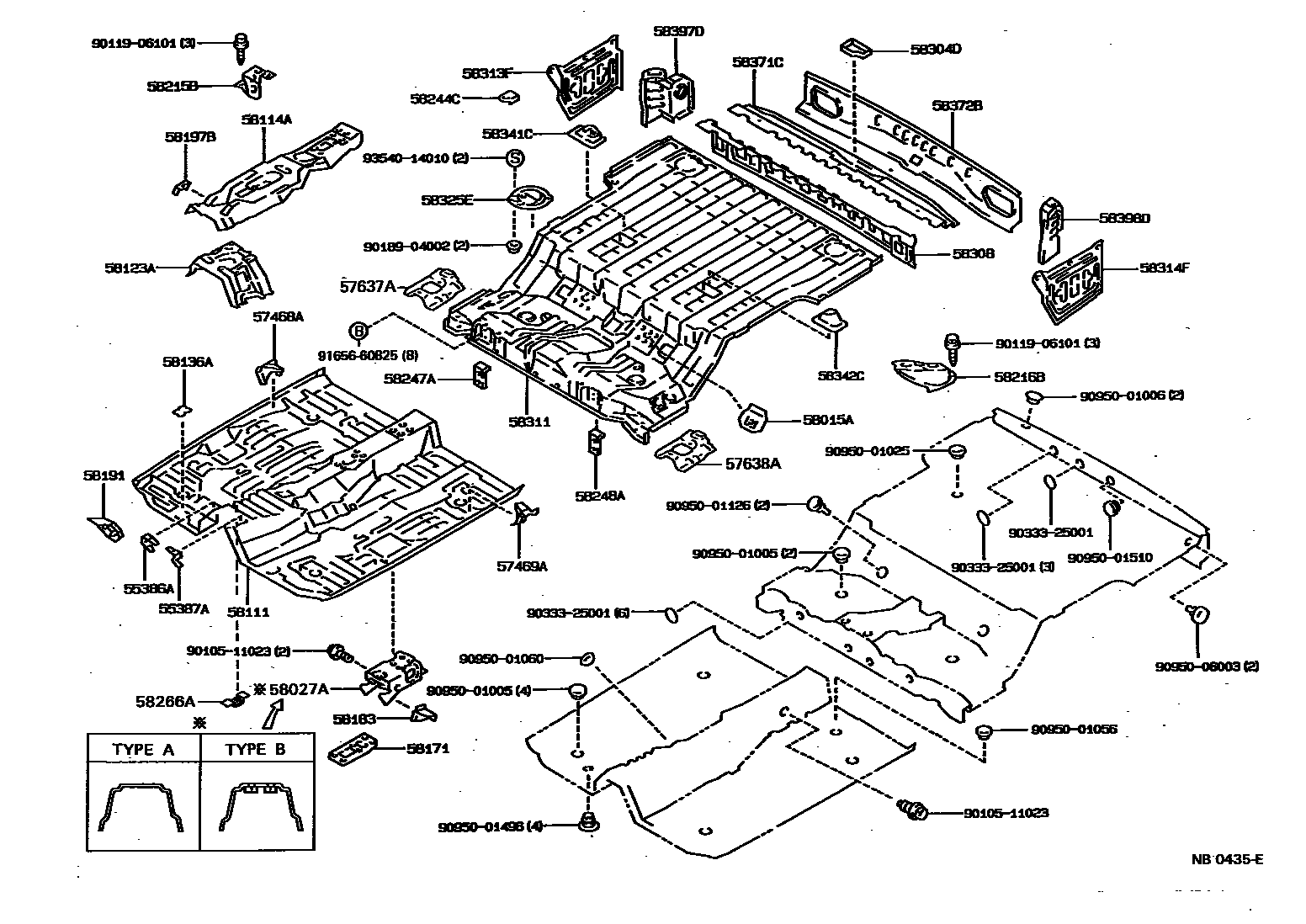 Toyota COROLLA 浅盘形地板和车身下背板 EPC diagram — NB0435E