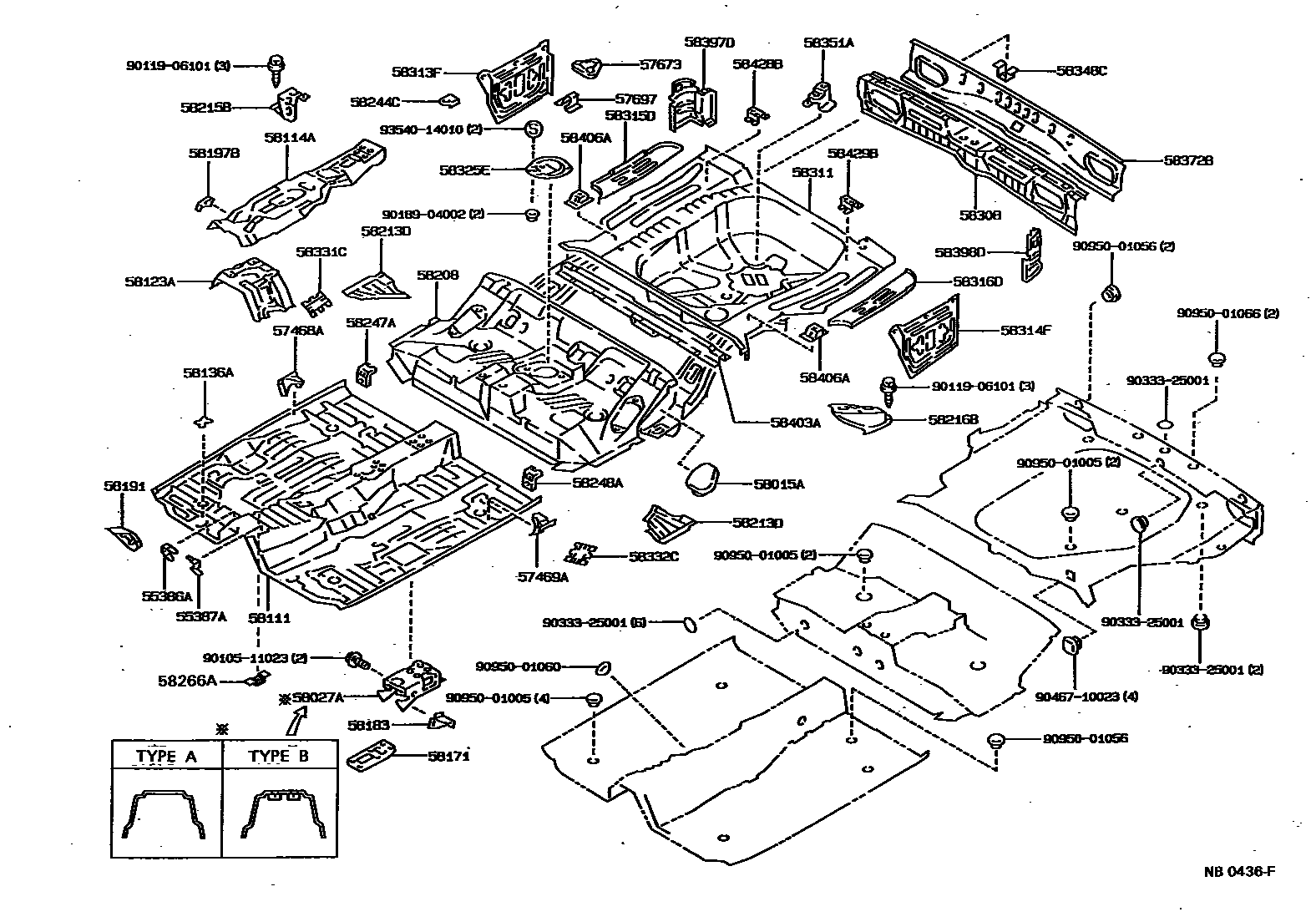 Toyota COROLLA 浅盘形地板和车身下背板 EPC diagram — NB0436F