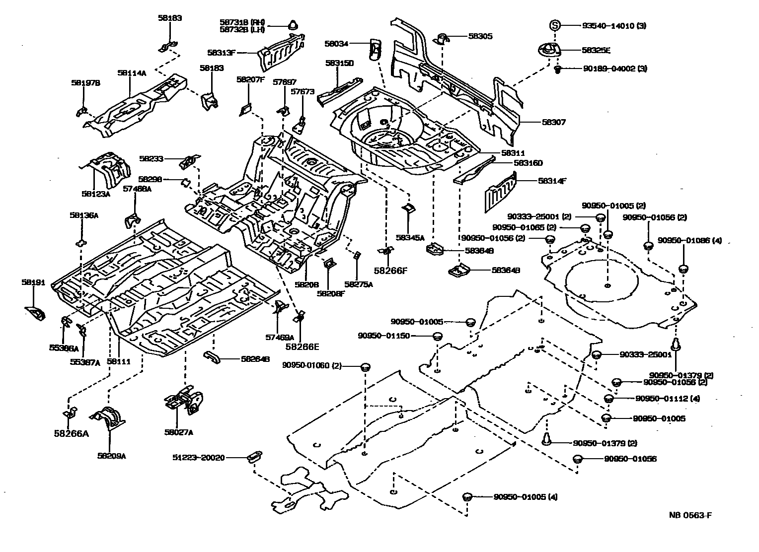 Toyota COROLLA 浅盘形地板和车身下背板 EPC diagram — NB0563F