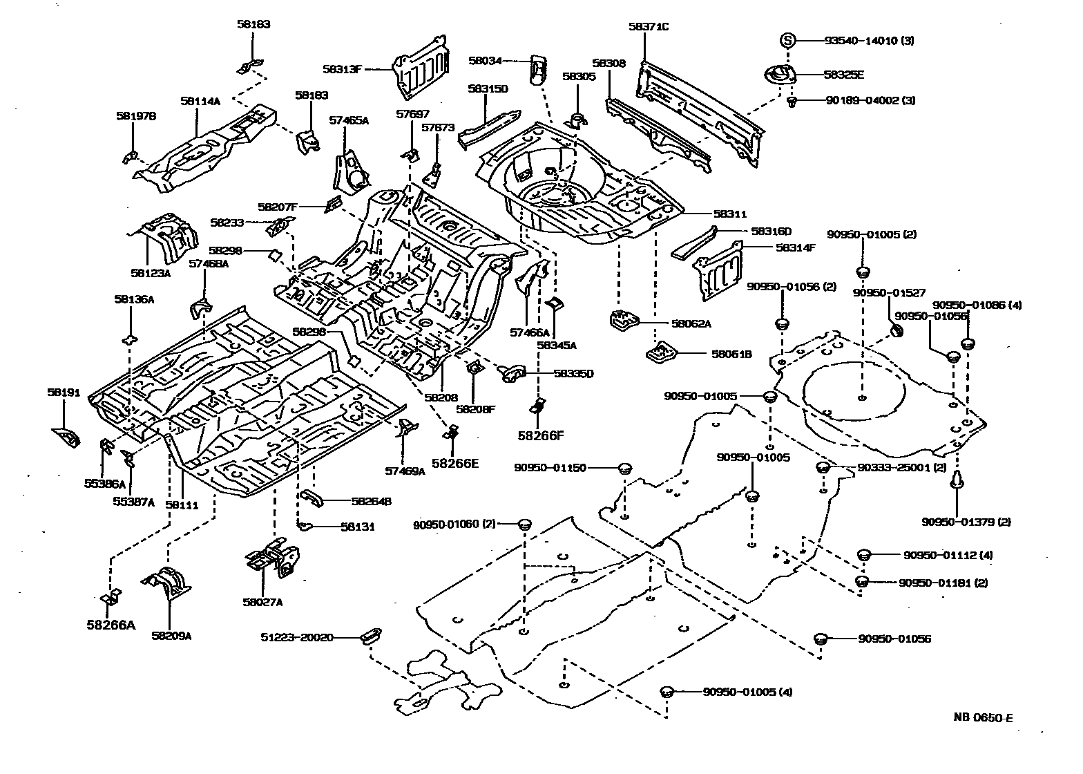 Toyota COROLLA 浅盘形地板和车身下背板 EPC diagram — NB0650E