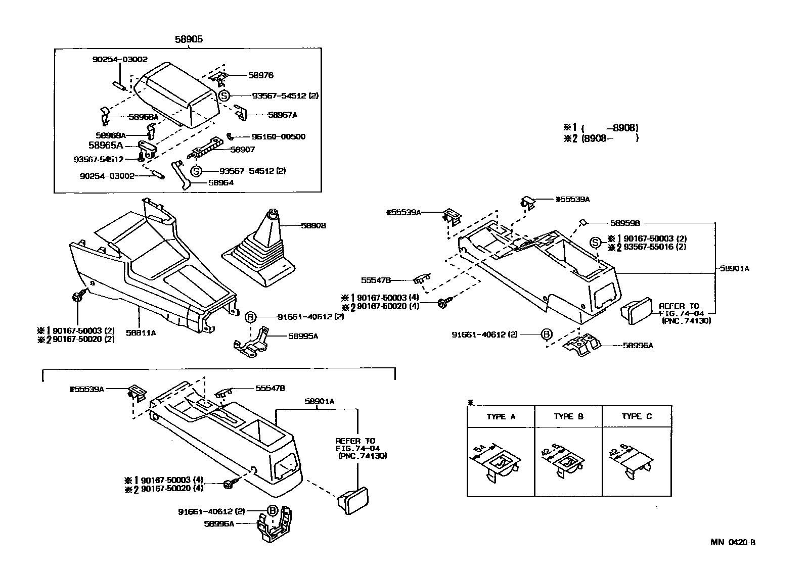 Toyota COROLLA 中央扶手箱和支架 EPC diagram — MN0420B