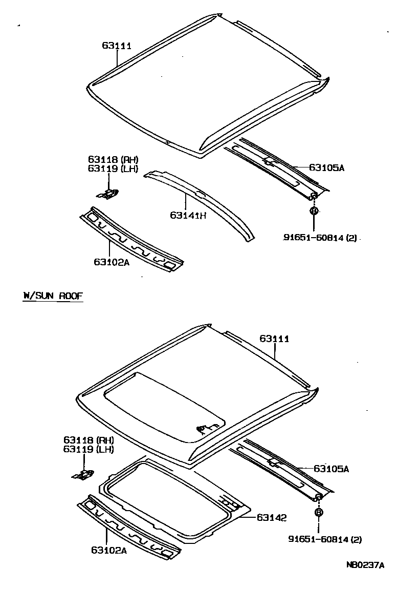 Toyota COROLLA 天窗板和背窗玻璃 EPC diagram — NB0237A