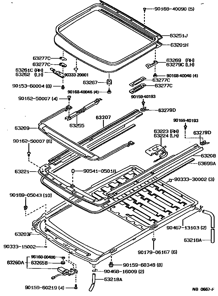 Toyota COROLLA 天窗板和背窗玻璃 EPC diagram — NB0667F