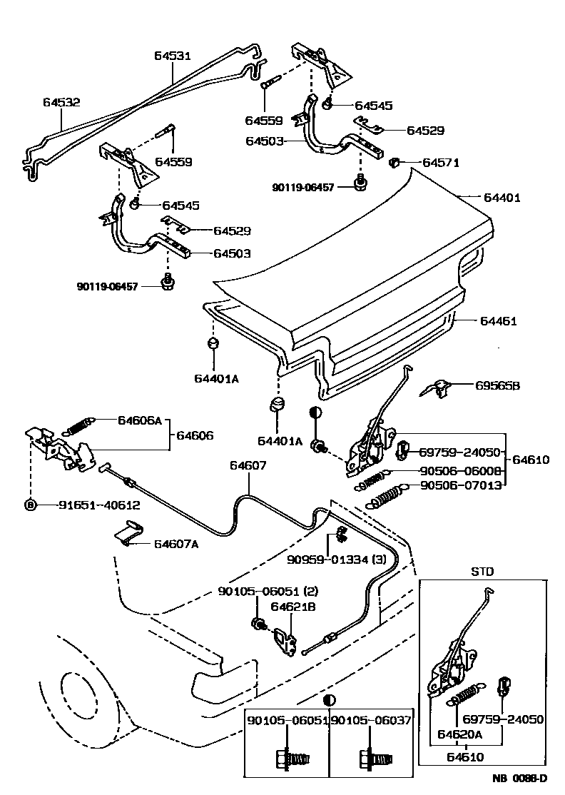 Toyota COROLLA 行李箱门和行李箱锁 EPC diagram — NB0088D