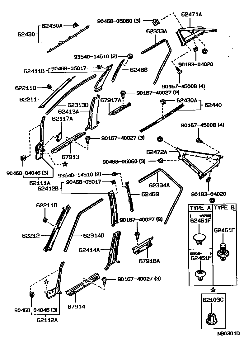 Toyota COROLLA 内饰板和车门防水胶条 EPC diagram — NB0301D