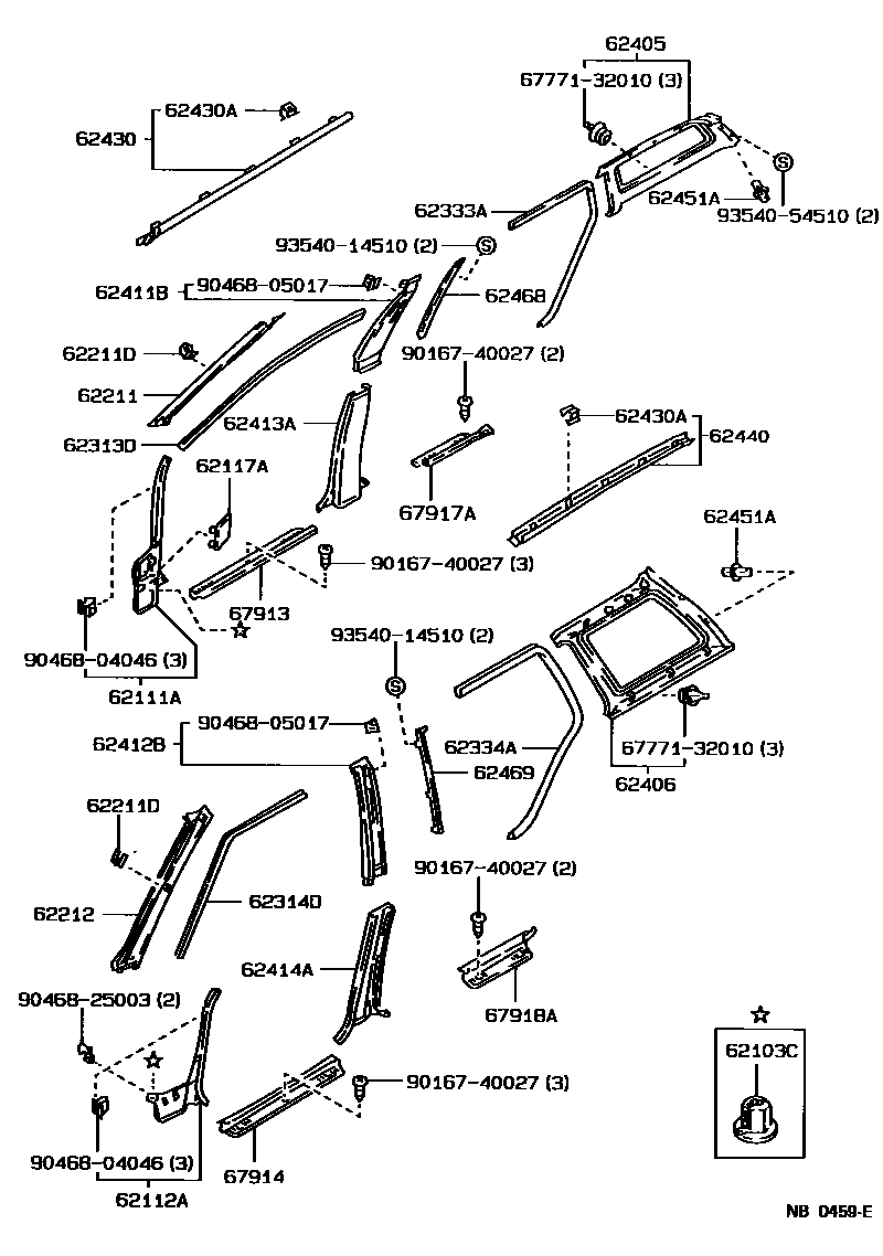 Toyota COROLLA 内饰板和车门防水胶条 EPC diagram — NB0459E